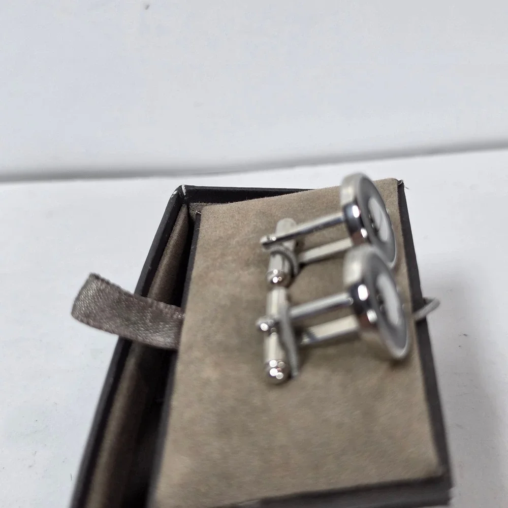 Joseph Abboud Mens Round Sunburst Inlay Silver‎ Tone Cufflinks with Box